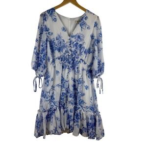TAYLOR Women Size 14 Blue Floral V Neck Button Front Midi Dress Sheer Sleeve